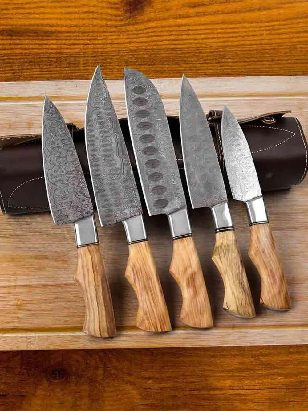 Damascus Kitchen Knife Set 5PC Olive Wood & Brass Handle Chef Knives